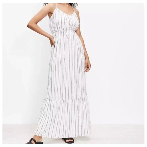 LOFT NWT Shimmer Stripe Tie Back Maxi Dress - Whisper White - Size S Fit M - Picture 1 of 10